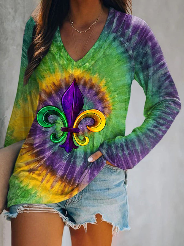 Mardi Gras Fleur De Lis Print V-Neck Long Sleeve Top