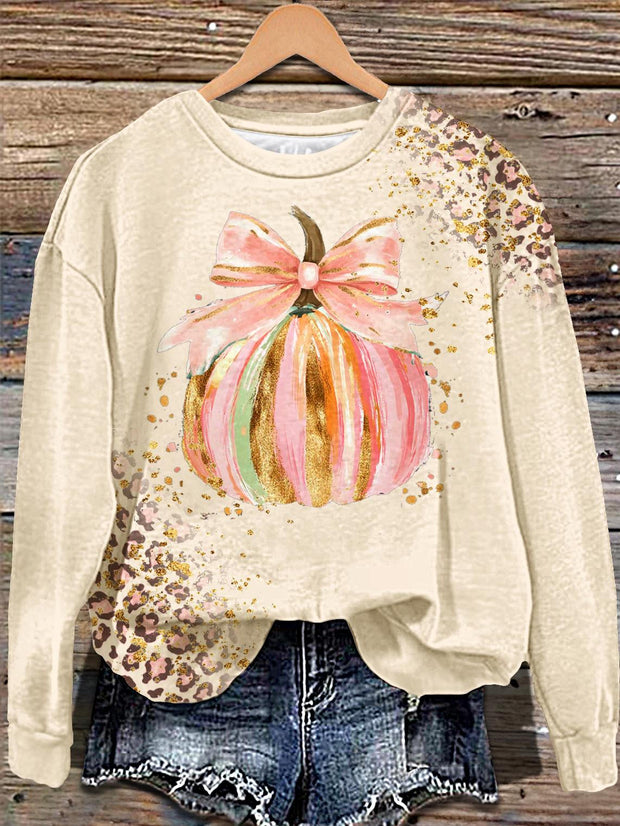 Halloween Leopard Print Halloween Pumpkin Long Sleeve Casual Top