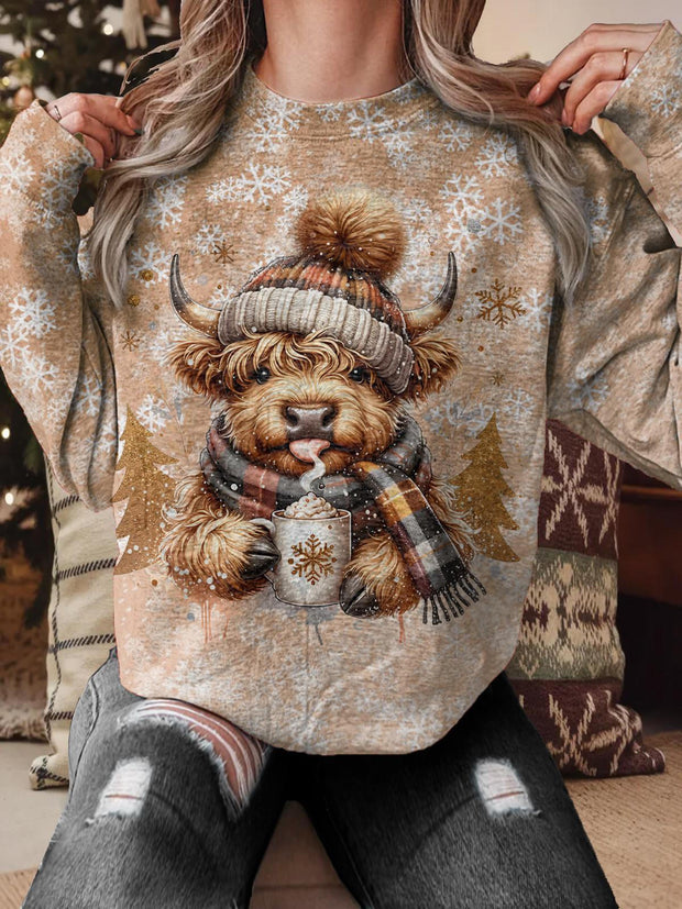 Winter Cute Highland Cow Christmas Trees Printed Long Sleeve Casual Top