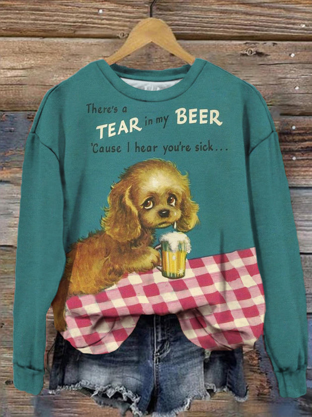 Women's Tear In My Beer Cute Puppy Print Casual Long Sleeve Top