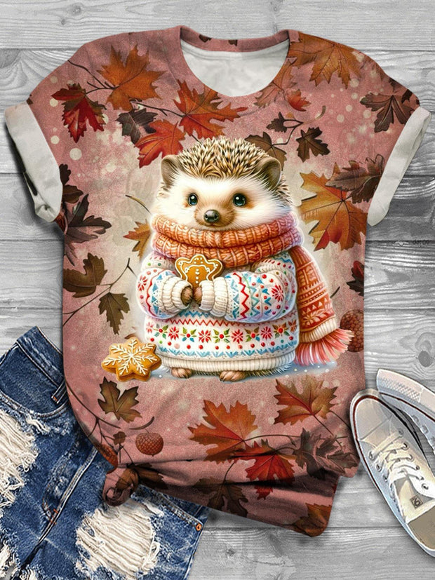 Women's Autumn And Winter Hedgehog Fun Retro Print Casual T-shirt