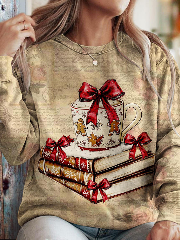 Women's Christmas Bow Book Vintage Print Long Sleeve Top