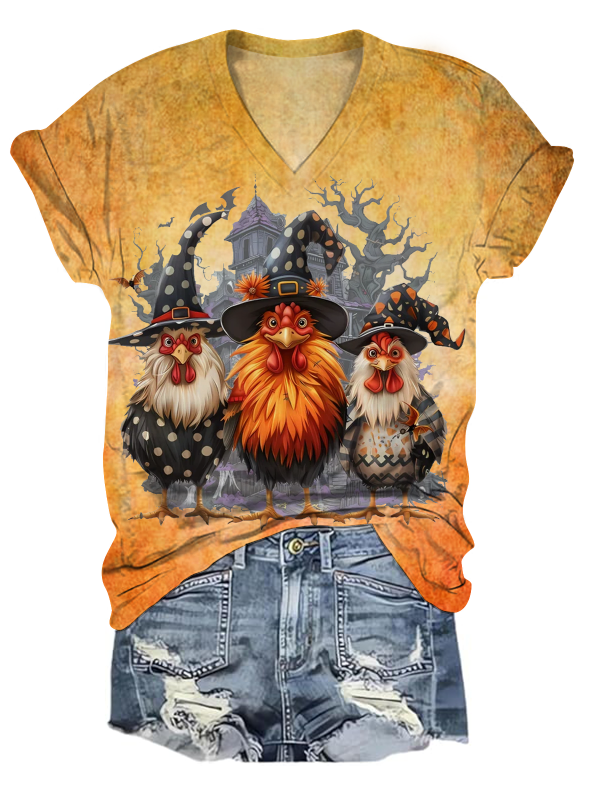 Halloween Haunted Chickens V-Neck T-Shirt