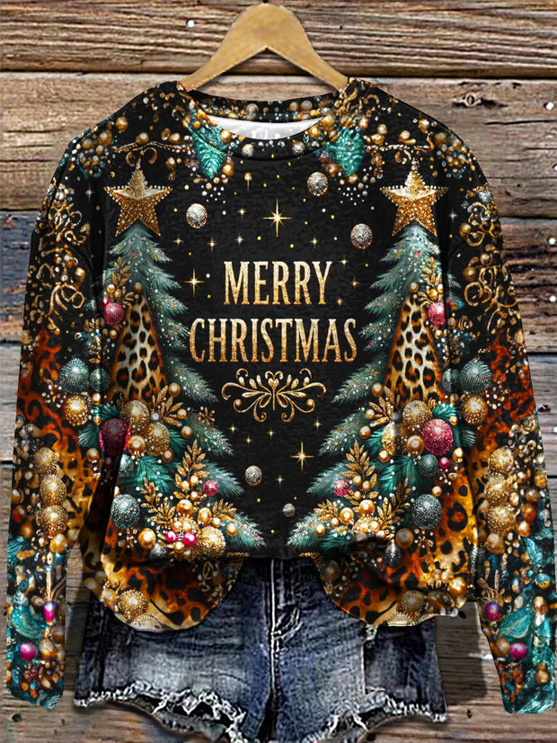 Women's Christmas Leopard Evergreen Printed Long Sleeve Casual Top