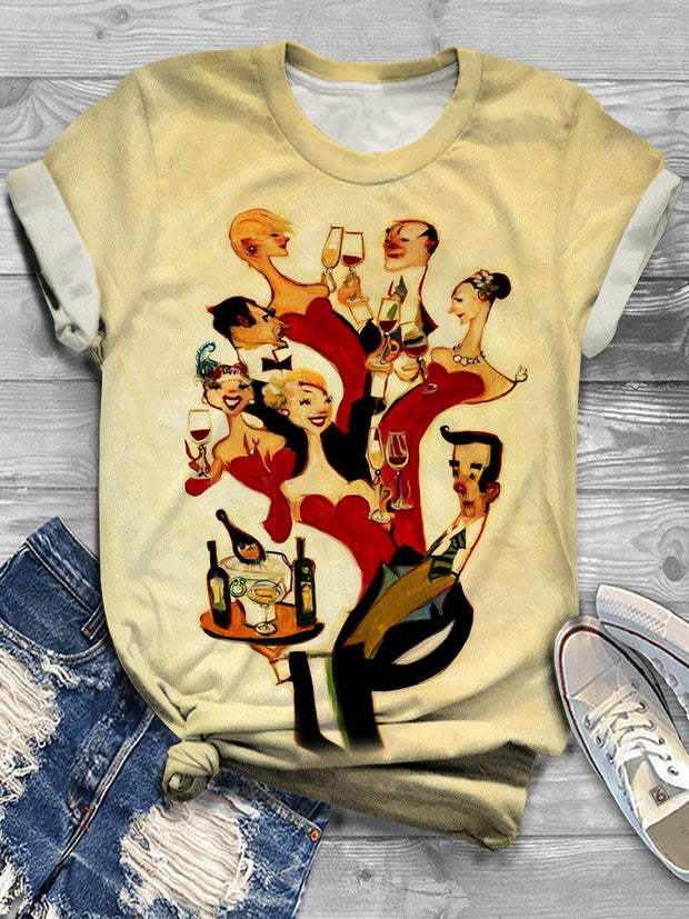 Women's Christmas Dinner Creative Illustration Retro Print Round Neck T-shirt