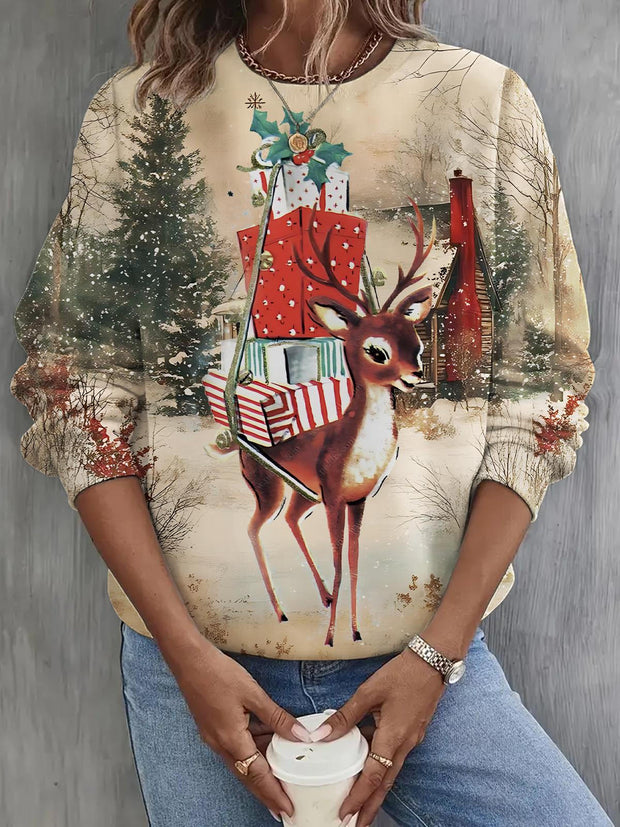 Deer Gift Giving Long Sleeve Casual Top