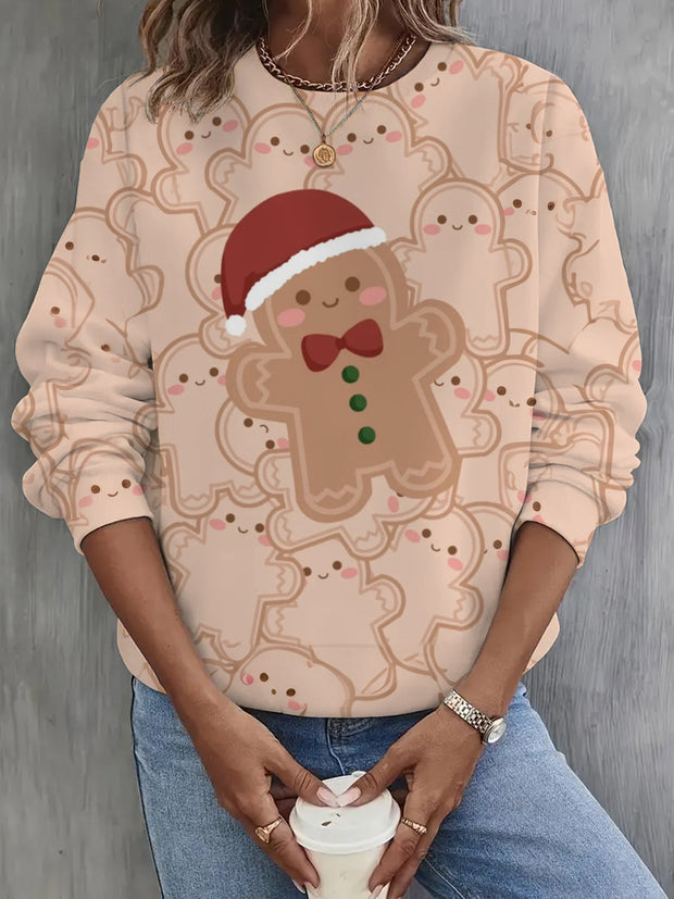 Cute Gingerbread With Santa Hat Long Sleeve Casual Top