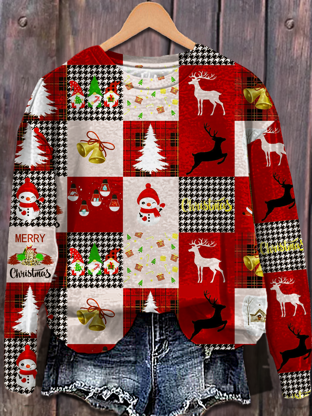 Christmas Reindeer Plaid Collage Printed Long Sleeve Casual Top