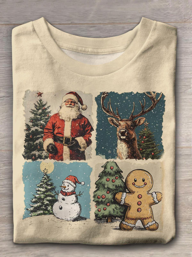 A Christmas Scene With A Santa Claus And Reindeer Crew Neck T-shirt