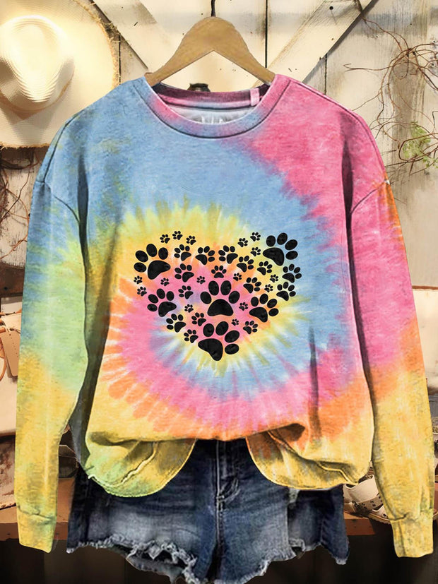 Tie Dye Heart Pawz Printed Long Sleeve Casual Top