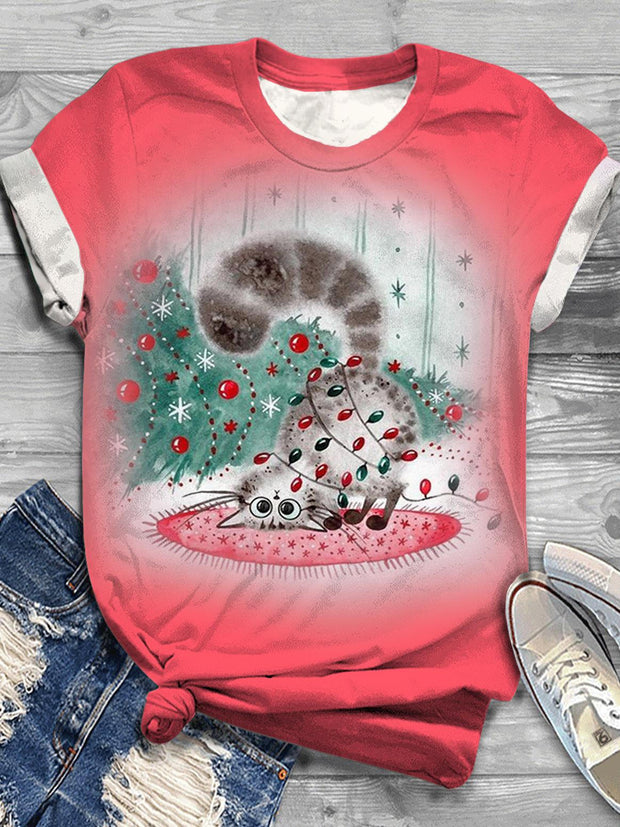 Women's Winter Christmas Tree Kitten Print Crew Neck T-Shirt