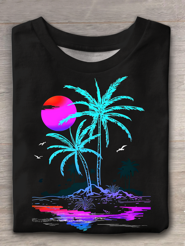 Retro Abstract Tropical Leaves Print Crew Neck T-shirt