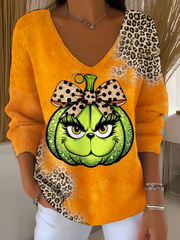 Funny Christmas Leopard Pumpkin Casual V Neck Pullover Sweater