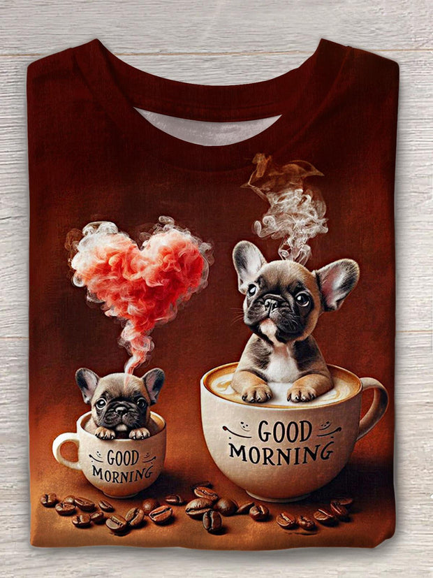 Cute Valentine's Day Coffee French Bulldog Print Crew Neck T-shirt