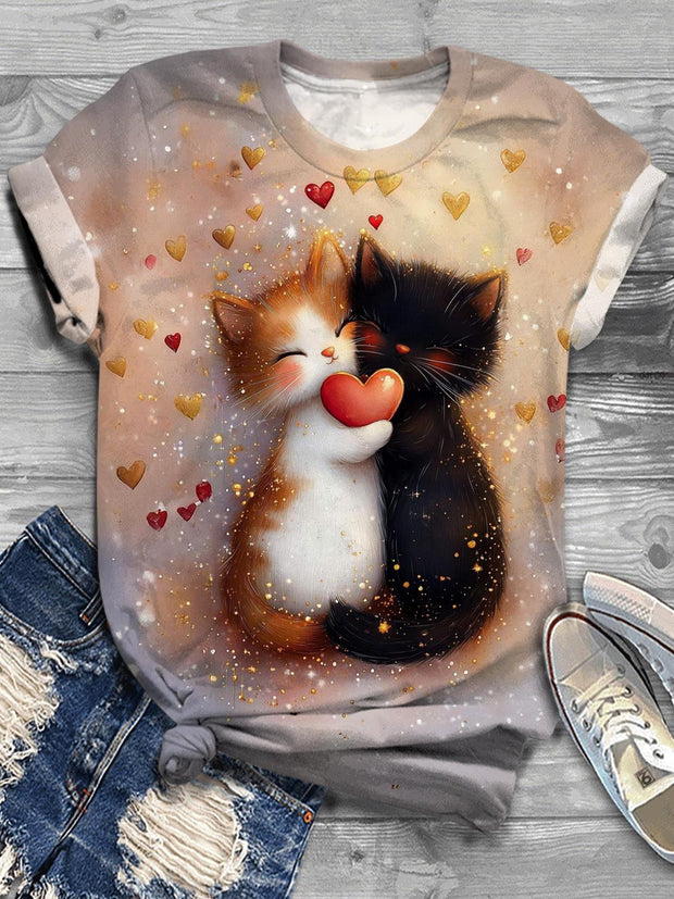 Cute Cat Valentine's Day Crew Neck T-shirt