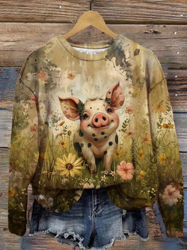 Women's Cute Piggy Pastoral Retro Print Casual Long Sleeve Top