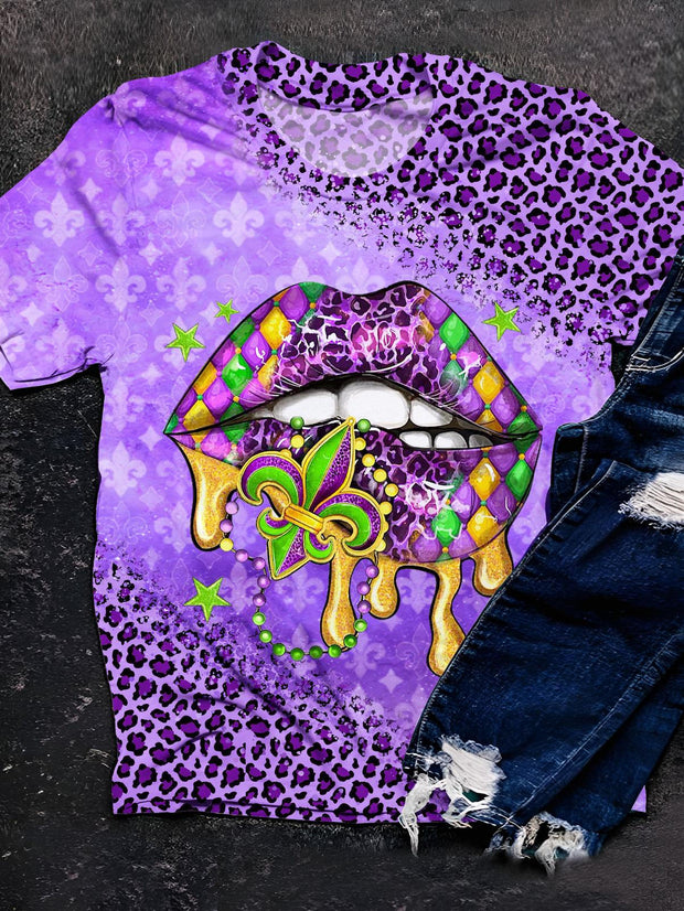 Mardi Gras Colorful Leopard Lip Print Crew Neck T-shirt