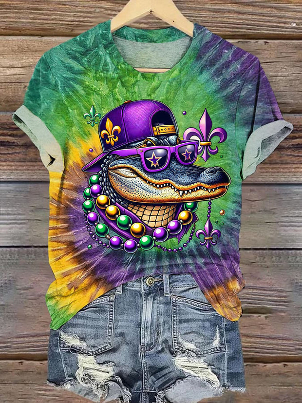 Mardi Gras Alligator Tie Dye Crew Neck T-shirt