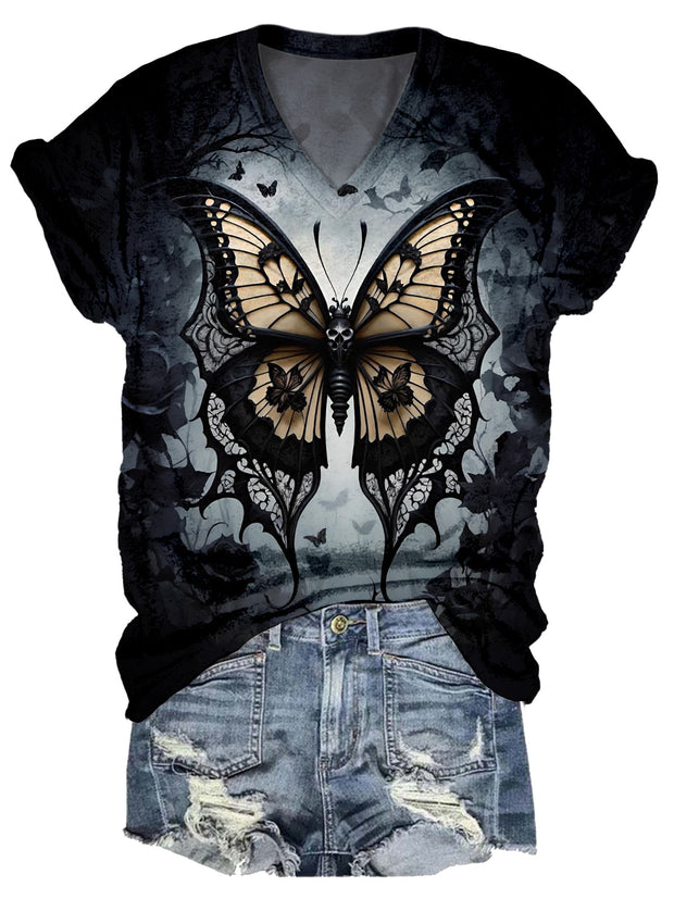 Dark Butterfly Skull V-Neck Short Sleeve T-Shirt