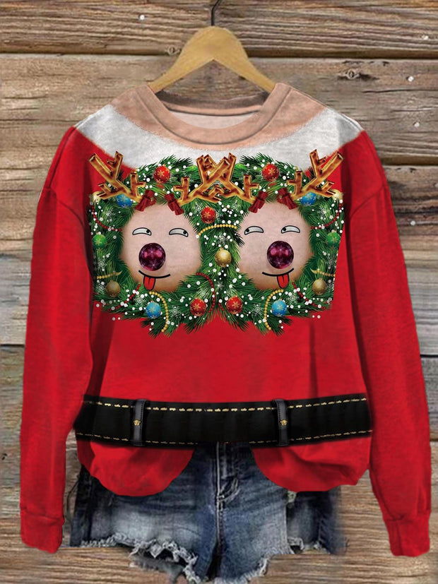 Women's Red Ugly Reindeer Christmas Crew Neck Long Sleeve Casual Sweatshirt