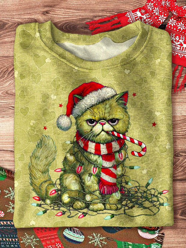 Women's Funny Green Fur Christmas Cat Printed Long Sleeve Casual Top