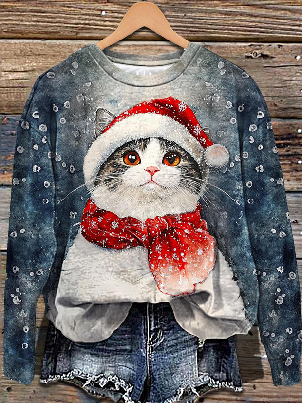 Women's Santa Hat Cat Printed Long Sleeve Casual Top