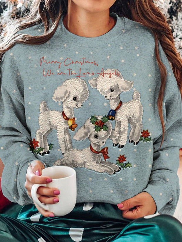 Women's Christmas Lamb Angel Vintage Print Round Neck Long Sleeve Top