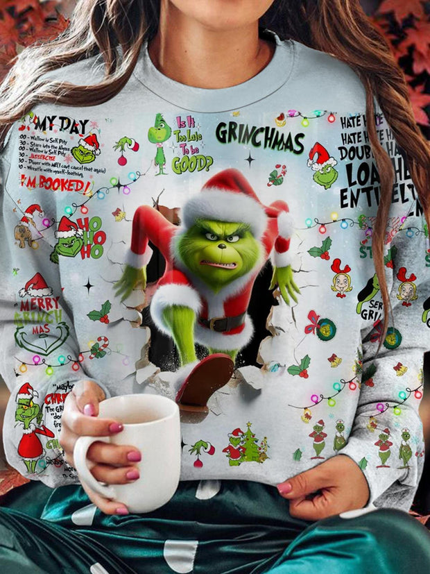 Sprinting Christmas Green Monster Printed Long Sleeve Casual Top