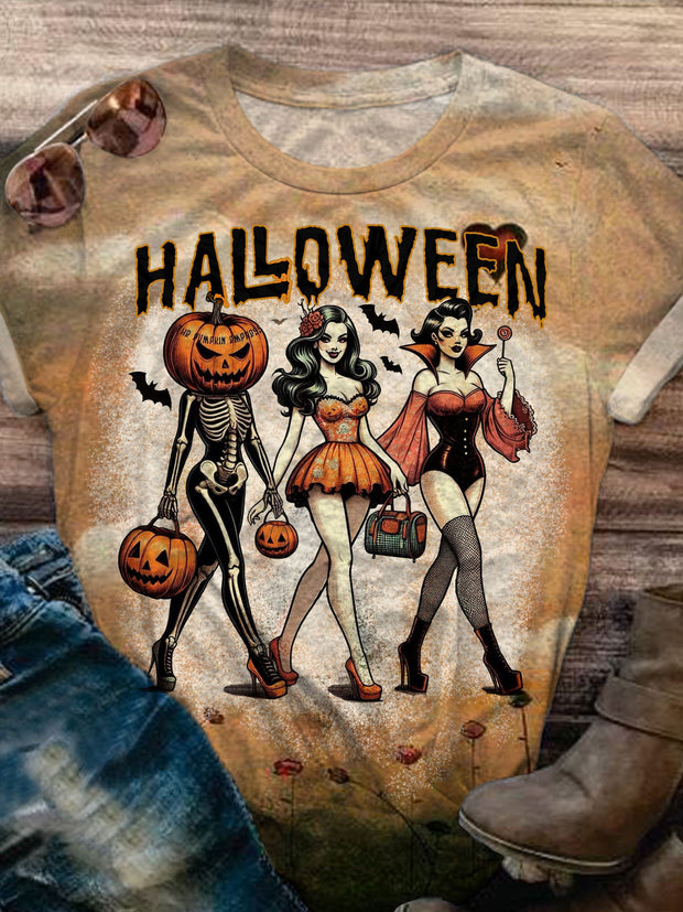 Halloween Girl Pumpkin Print Short Sleeve T-Shirt