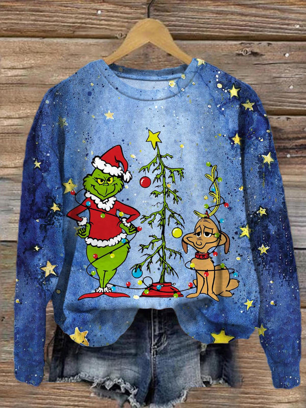 Christmas Night Blue Starry Sky Printed Long Sleeve Casual Top