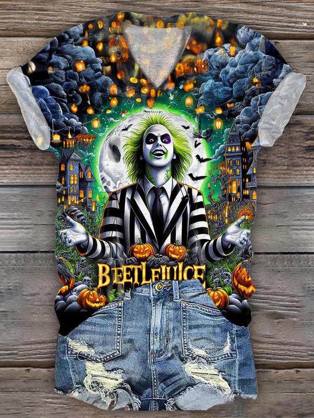 Beetlejuice It'S Showtime Halloween V-Neck Short Sleeve T-Shirt