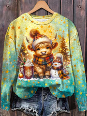 Christmas Highland Cow Snowman Printed Long Sleeve Casual Top