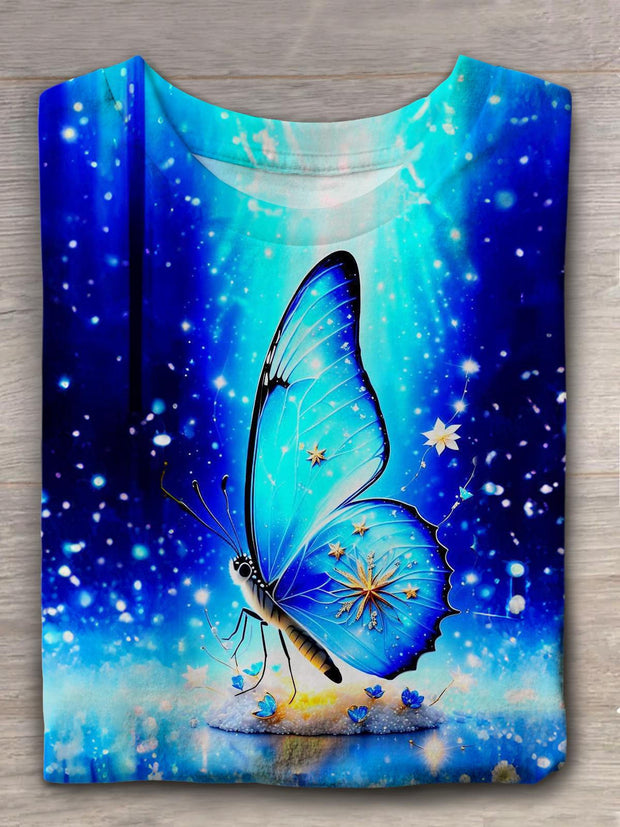 Dark Blue Butterfly Design Crew Neck T-shirt