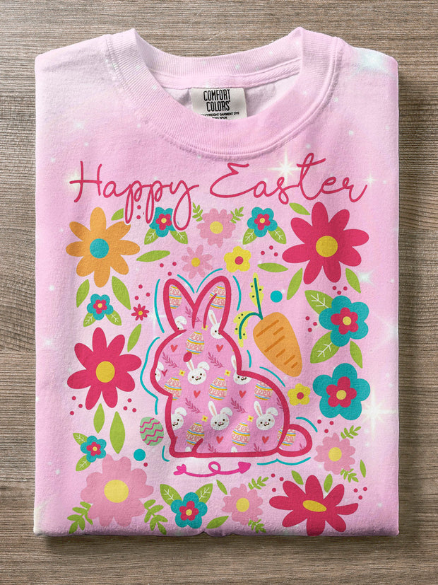 Happy Easter Day Festive Floral Cute Rabbit Print T-shirt