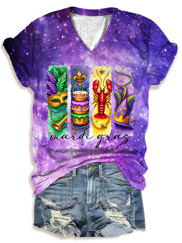 Women's Retro Mardi Gras V-Neck T-Shirt