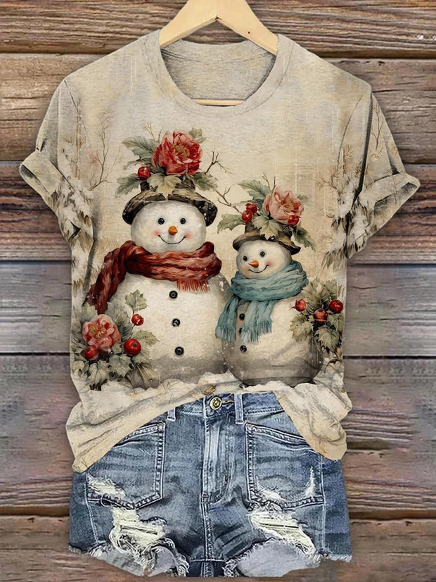 Women's Christmas Snowman Vintage Print Short Sleeve T-Shirt