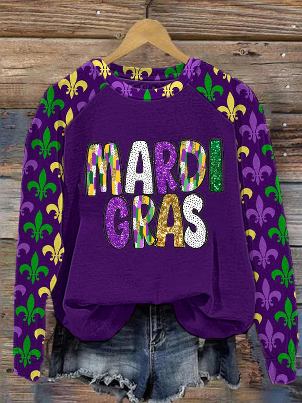 Glitter Mardi Gras Print Long Sleeve Casual Top