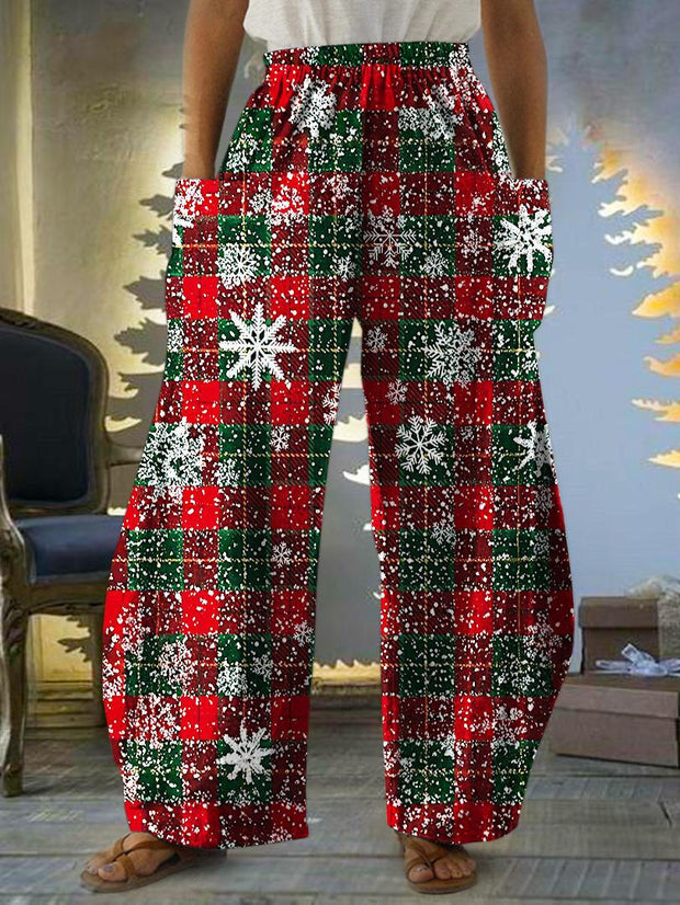 Women's Christmas Plaid Snowflake Print Casual Pants