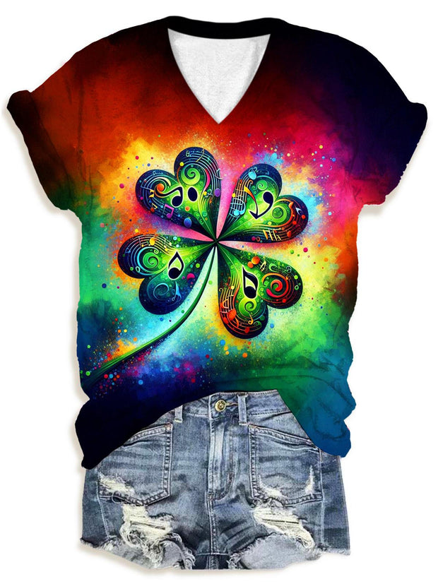 St. Patrick Day Tie Dye Print V-Neck T-Shirt