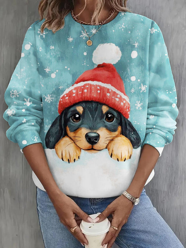 Retro Christmas Puppy Long Sleeve Casual Top