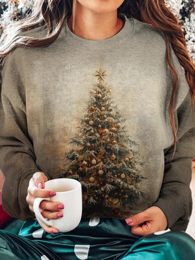 Vintage Christmas Tree Print Long Sleeve Casual Top