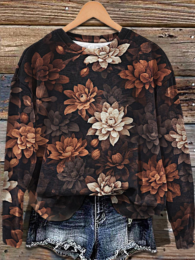 Women's Vintage Brown Floral Printed Long Sleeve Casual Top