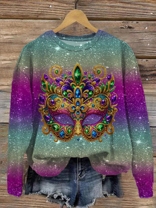 Mardi Gras Mask Printed Long Sleeve Casual Top