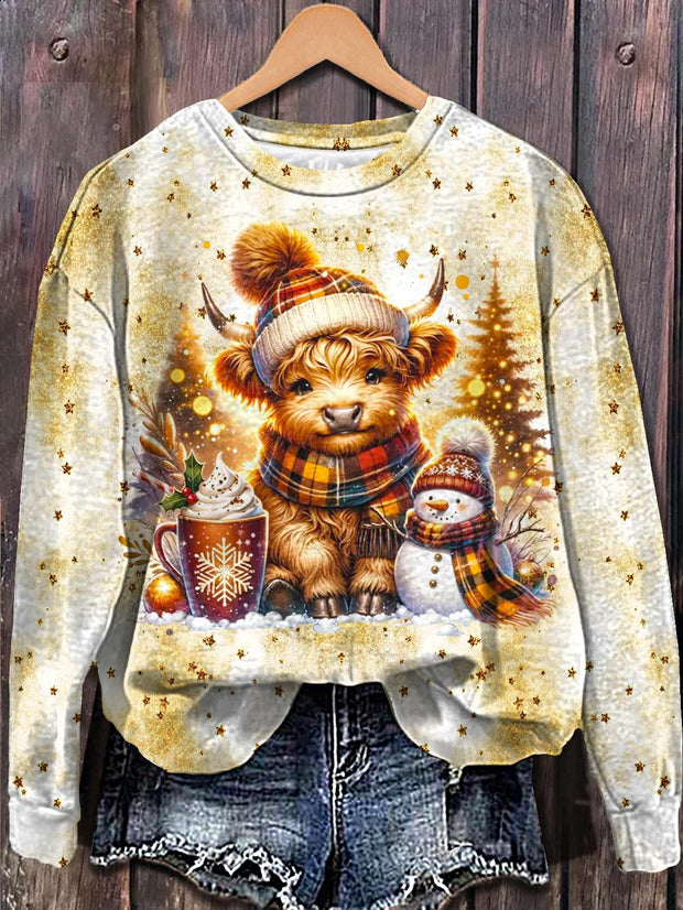 Christmas Highland Cow Snowman Printed Long Sleeve Casual Top