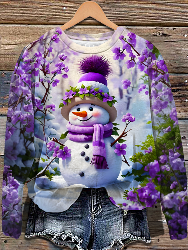 Purple Flower Snowman Printed Long Sleeve Casual Top