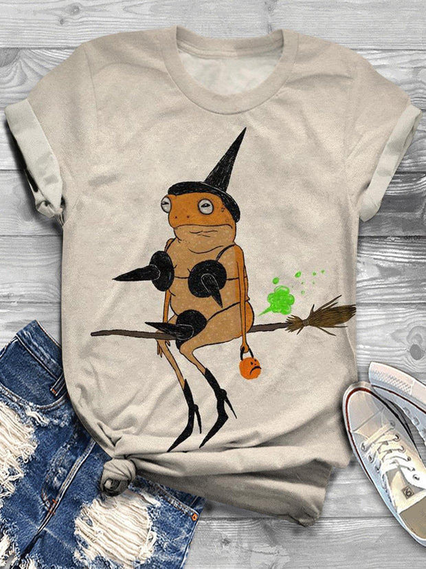 Funny Witch Frog Crew Neck T-shirt