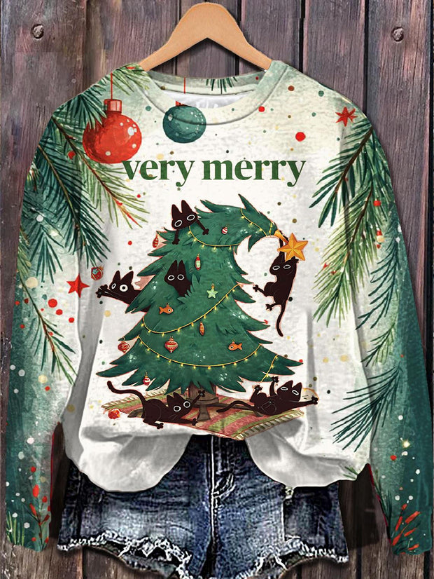 Very Merry Printed Long Sleeve Casual Top