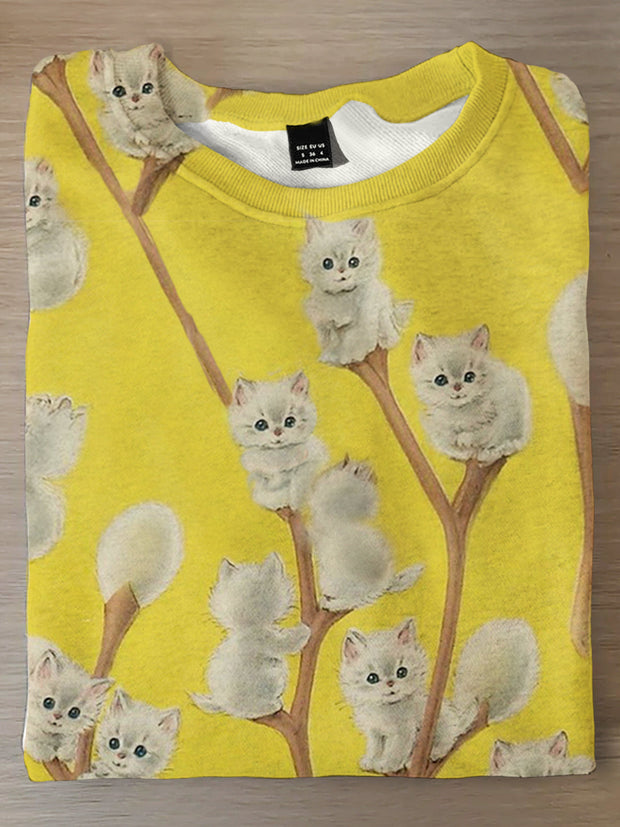 Women's Cute Cat and Branch Print Long Sleeve Top