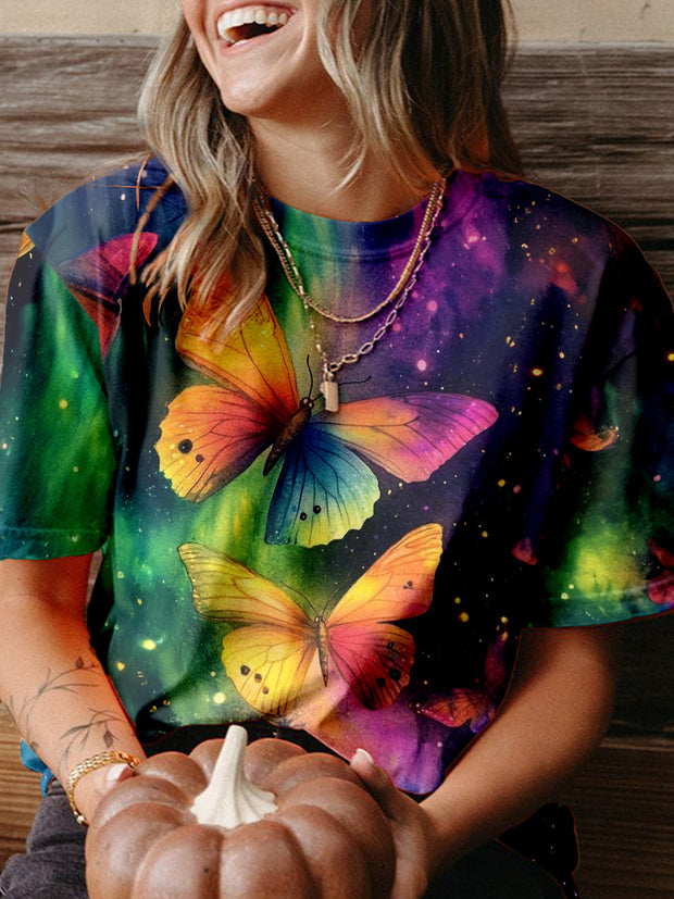 Women's Color Butterfly Print Crew Neck T-shirt