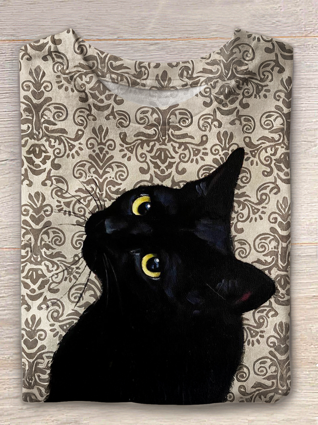 Vintage Boho Cat Art Crew Neck T-shirt
